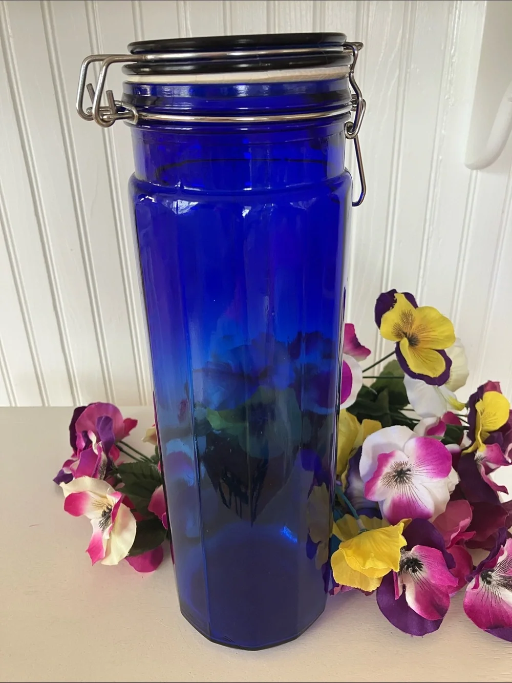 Cobalt Blue Cylinder Glass Jar With Wire Clamp Hinged Lid